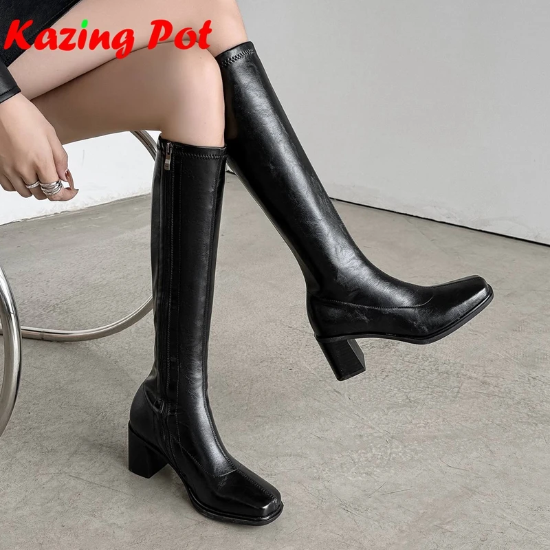 Krazing Pot Microfiber Modern Knight Boots Dating Keep Warm Winter Shoes Thick High Heels Catwalk Sexy Zipper Knee-high Boots