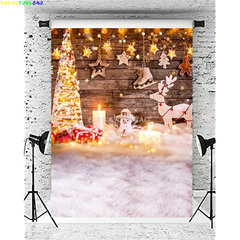 

Christmas Wooden Shelf Photography Backdrop Props Family Party Living Room Decor Teddy Bear New Year Holiday Background XM-03