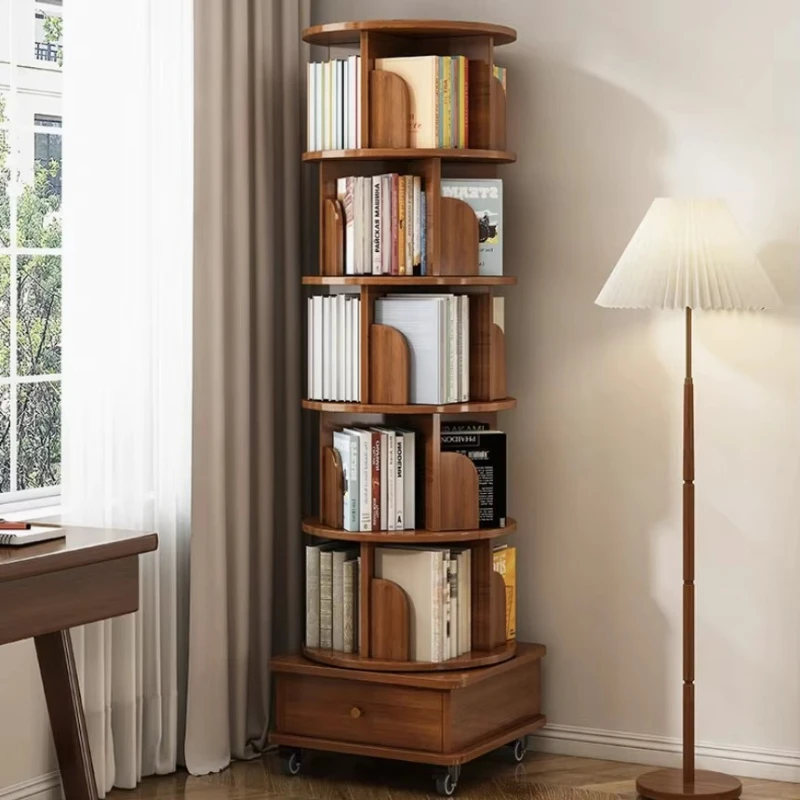 

Wooden rotating 360-degree layered bookshelf with movable wheels, modern design, suitable for family living room storage