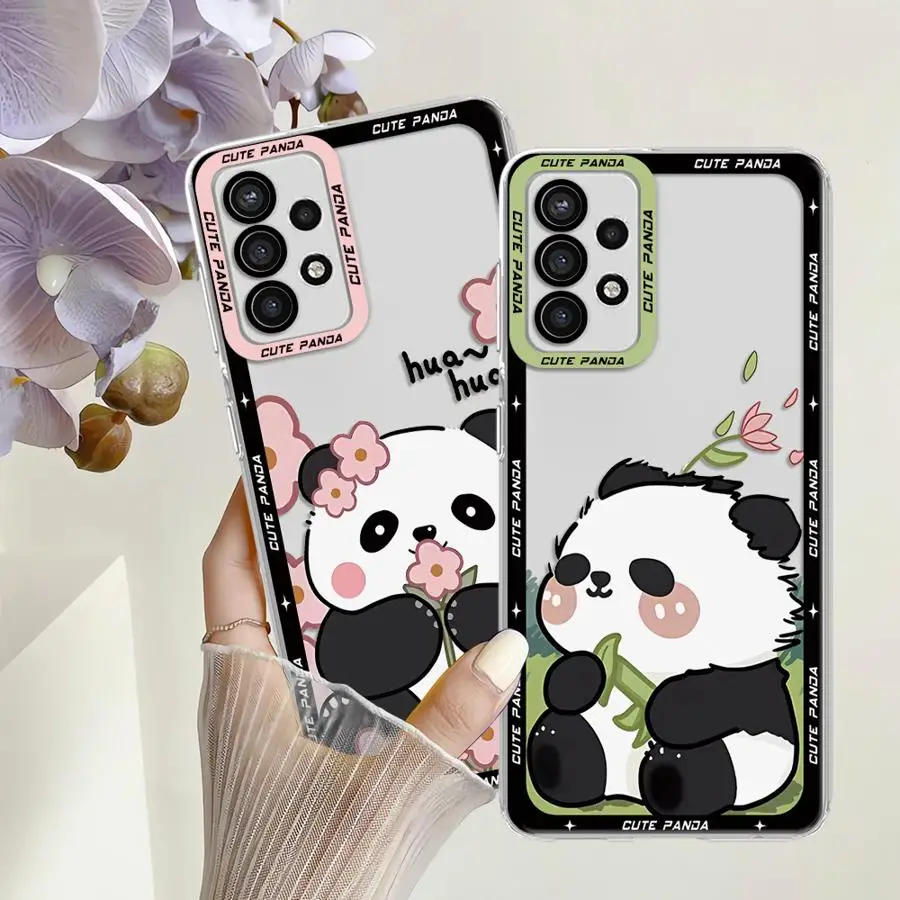 Cute Panda Pink Phone Case for Samsung Galaxy A35 A55A53 A54 A73 A34 A33 A25 A24 A13 A14 A15 Soft Transparent Cover