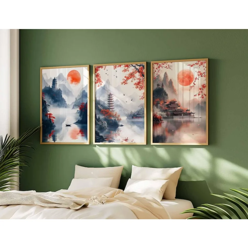 مجموعة ملصقات للمناظر الطبيعية الحمراء الصينية بدون إطار مكونة من 3 قطع، فن تقليدي، مطبوعات غروب الشمس والقمر، ديكور فني طبيعي سلمي #3