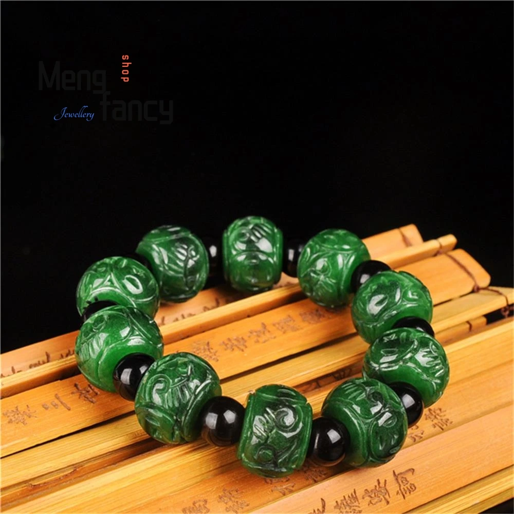 Natural Burma Jadeite Dry Green Carved Bracelet Retro Charms Fashion Emerald Fine Jewelry Amulet Men Women Luxury Holiday Gifts
