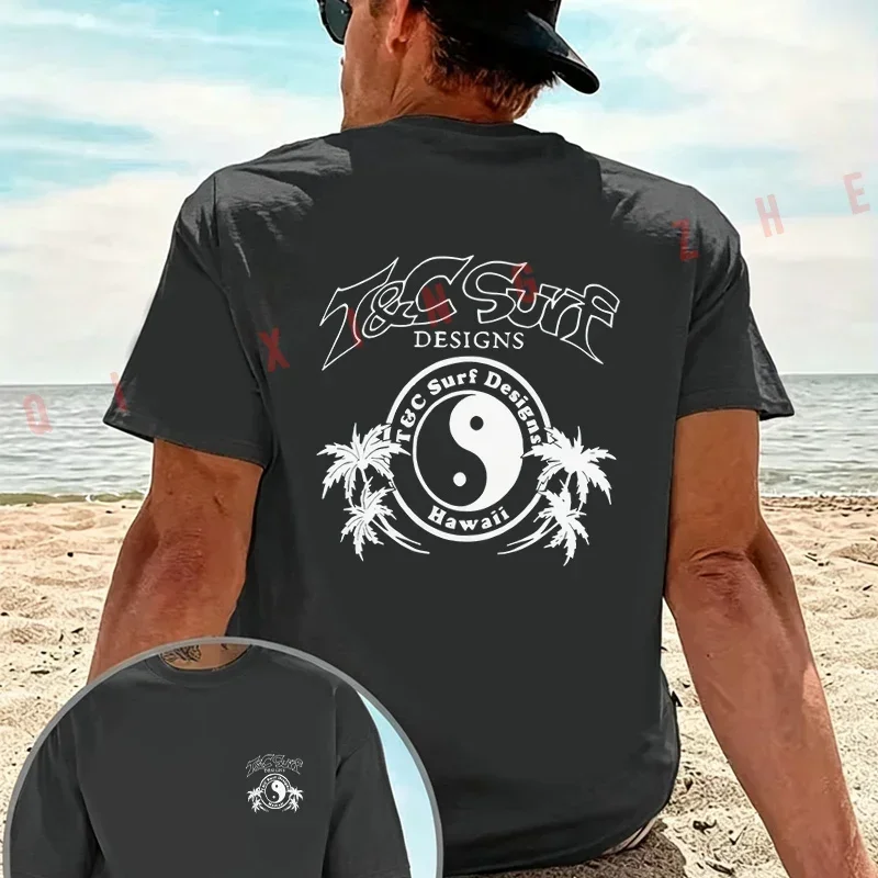 Yin Yang Tai Chi Palm Tree Surfing Style Motorcycle T-Shirt Cotton Double-Sided Print Men Short Sleeve Summer Casual Tops Tee 4
