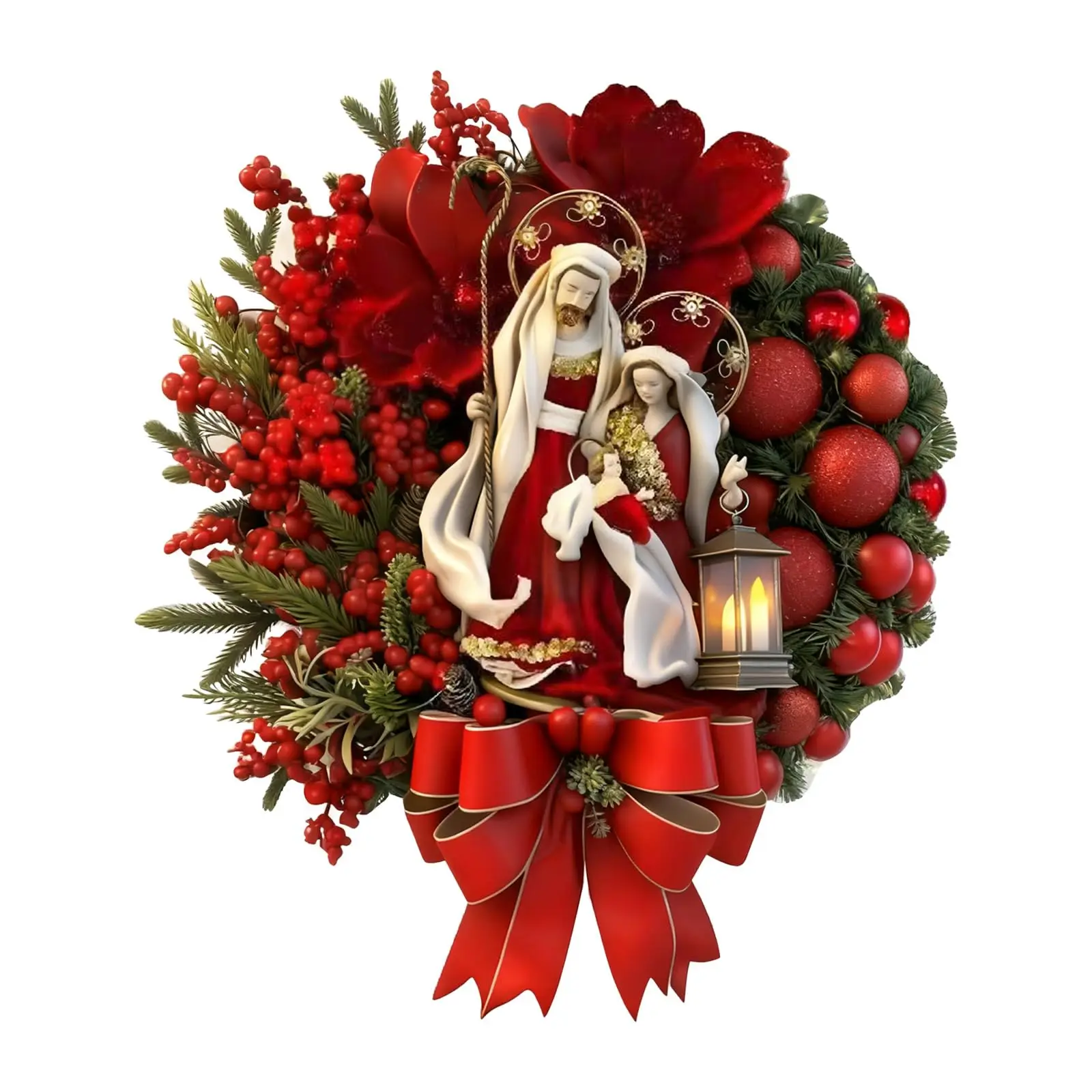 Nativity Scene Christmas Jesus Wreath Sign Front Door Decorations Red Berries Pine Branches Garland Hanging Door Sign For Xmas