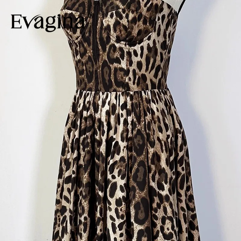 Evagina Fashion Design New Women's Leopard Print Sling Sweetheart Neck Collar cinching Waist Sexy Big Swing Temperament Dress