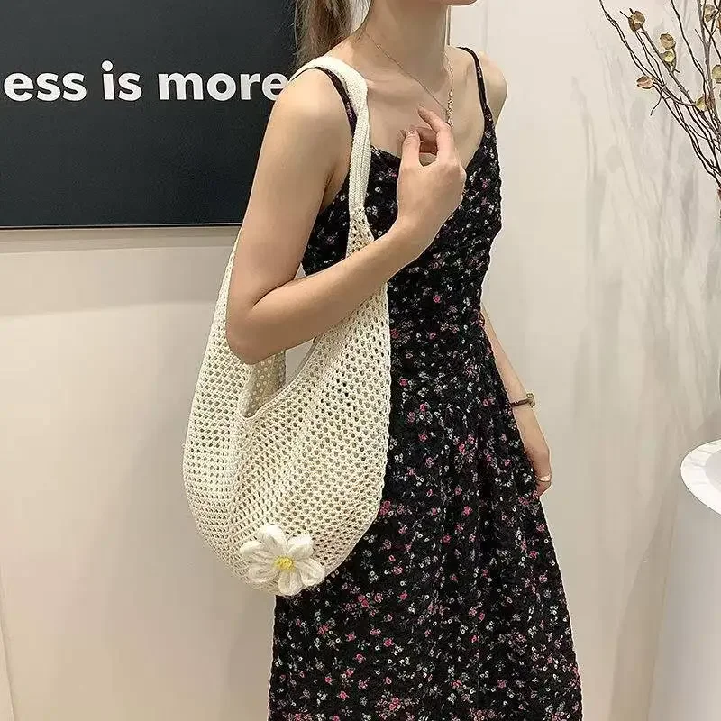

Handmade Crochet Underarm Bag Summer Knitting Women's Shoulder Bag Large Capacity Hollow Out Weaving Beach Bag Mesh Tote Handbag
