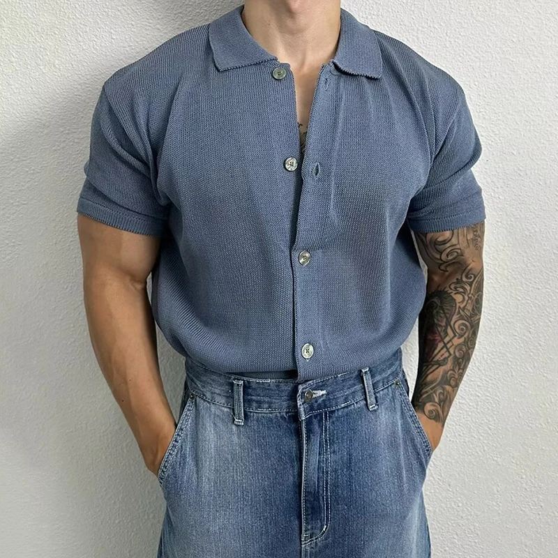 

Trendy Mens Solid Color Knit Cardigan Shirts Summer Short Sleeve Buttoned Lapel Knitted Shirt For Men Casual Slim Fit Shirt Tops