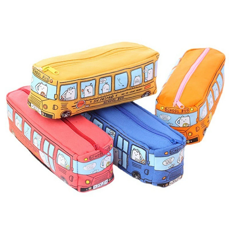 

Cartoon Bus Pencil Bag Canvas Large Capacity Knitting Needles Case Crochet Hooks Storage Bag Sewing Tool Pencil Case