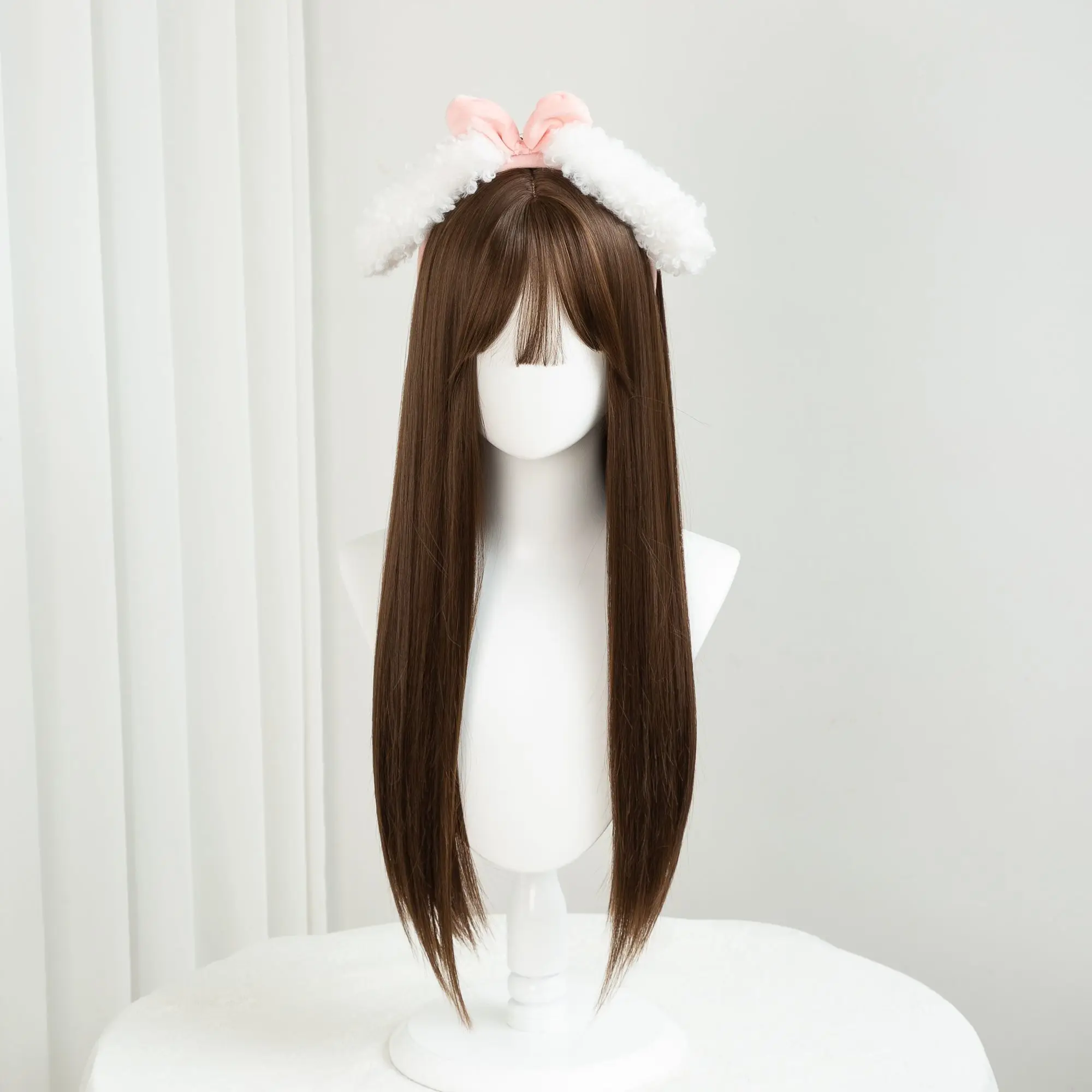 ‌ วิกผมโลลิต้าพร้อมตาข่ายกุหลาบ - ผมยาวหวานแหววมีหน้าม้า วิกผมสังเคราะห์คุณภาพสูง วิกผมคอสเพลย์น่ารักสำหรับสาวๆ