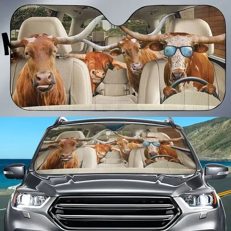 Longhorn Cattle Car Sunshade, Longhorn Cattle Windshield Sunshade, Cattle Lovers Gift Idea Windshield Sunshade