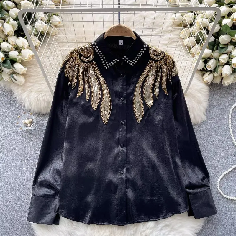 OCEANLOVE Beading Women Shirts&blouses Contrast Color Palace Style Sequins Vintage Blusas Feminina Spring Autumn Camisas