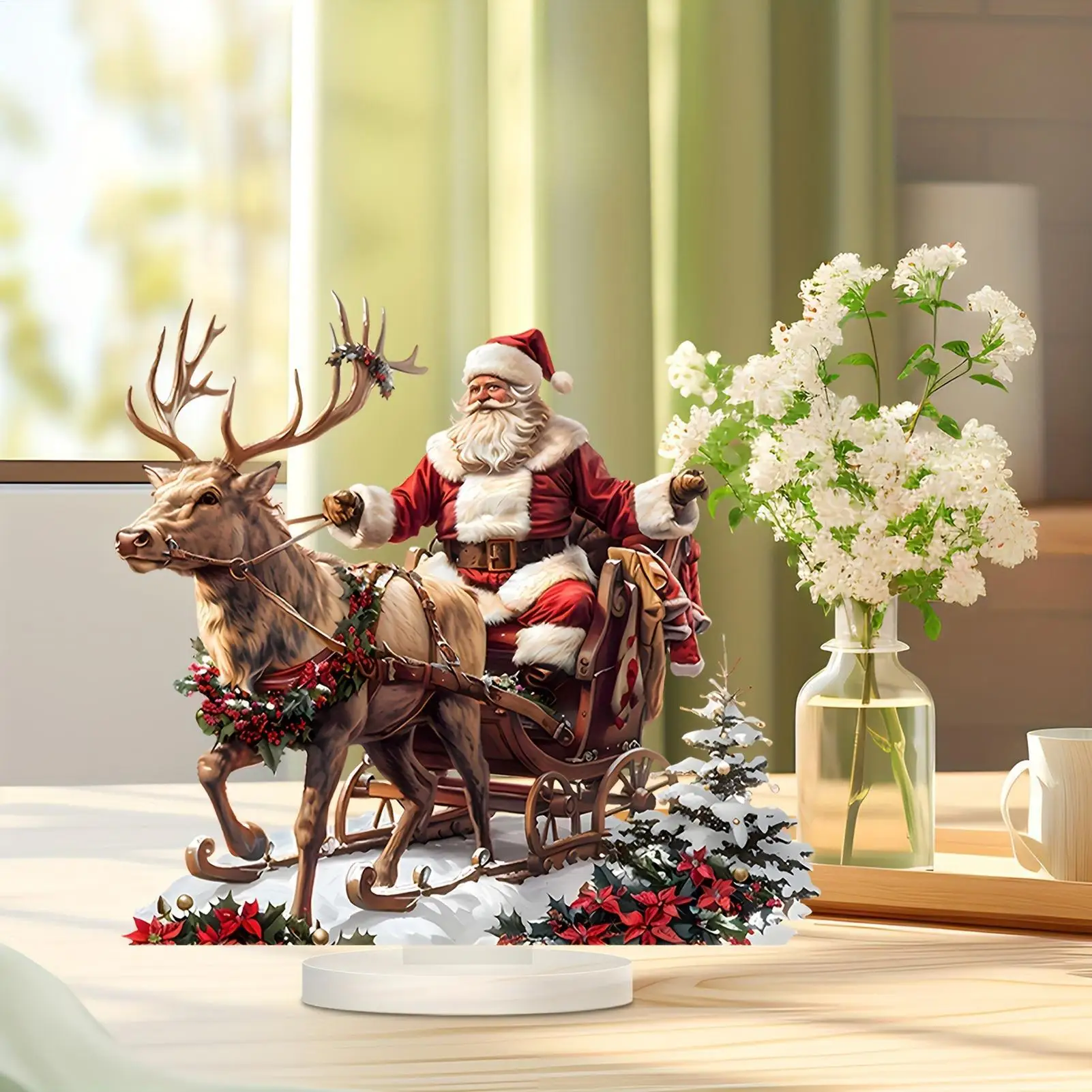 Weihnachten Rentier Schlitten Weihnachtsmann Figur 2D Acryl Weihnachten Weihnachtsmann auf Schlitten mit Rentier Dekorationen Urlaub Weihnachtsmann