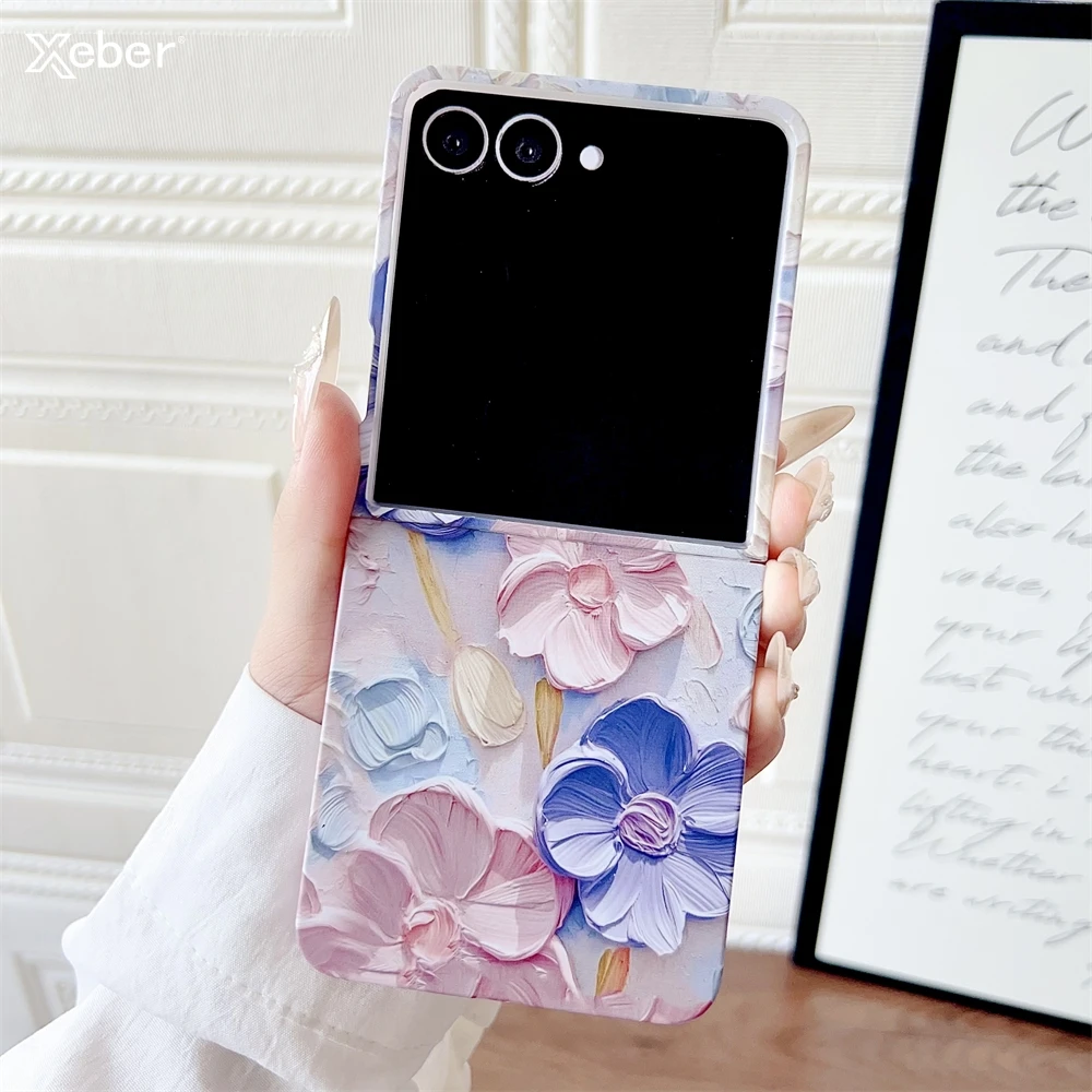 Ölgemälde Blume Klar Fall Für Samsung Galaxy Z Flip 7 6 5 4 3 5G falten Harte Telefon Abdeckung Für Samsung Z Flip7 Flip6 Flip3