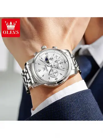 OLEVS 3639 Top Brand di Lusso Originale Nuovo Orologio Al Quarzo Orologio In Acciaio Inox Per Gli Uomini Impermeabile Luminoso Fasi Lunari Orologio Da Uomo