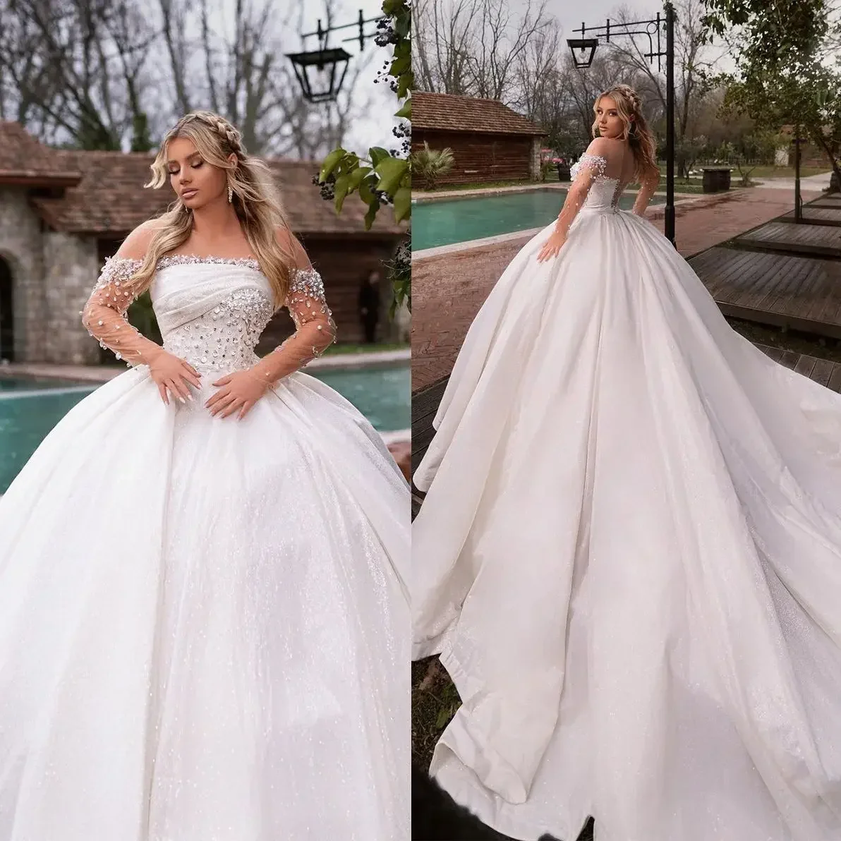 تخصيص قبالة الكتف الثقيلة بلورات الخرز Ballgown فساتين الزفاف Vestido De Novia كامل الأكمام ثوب الزفاف في الهواء الطلق