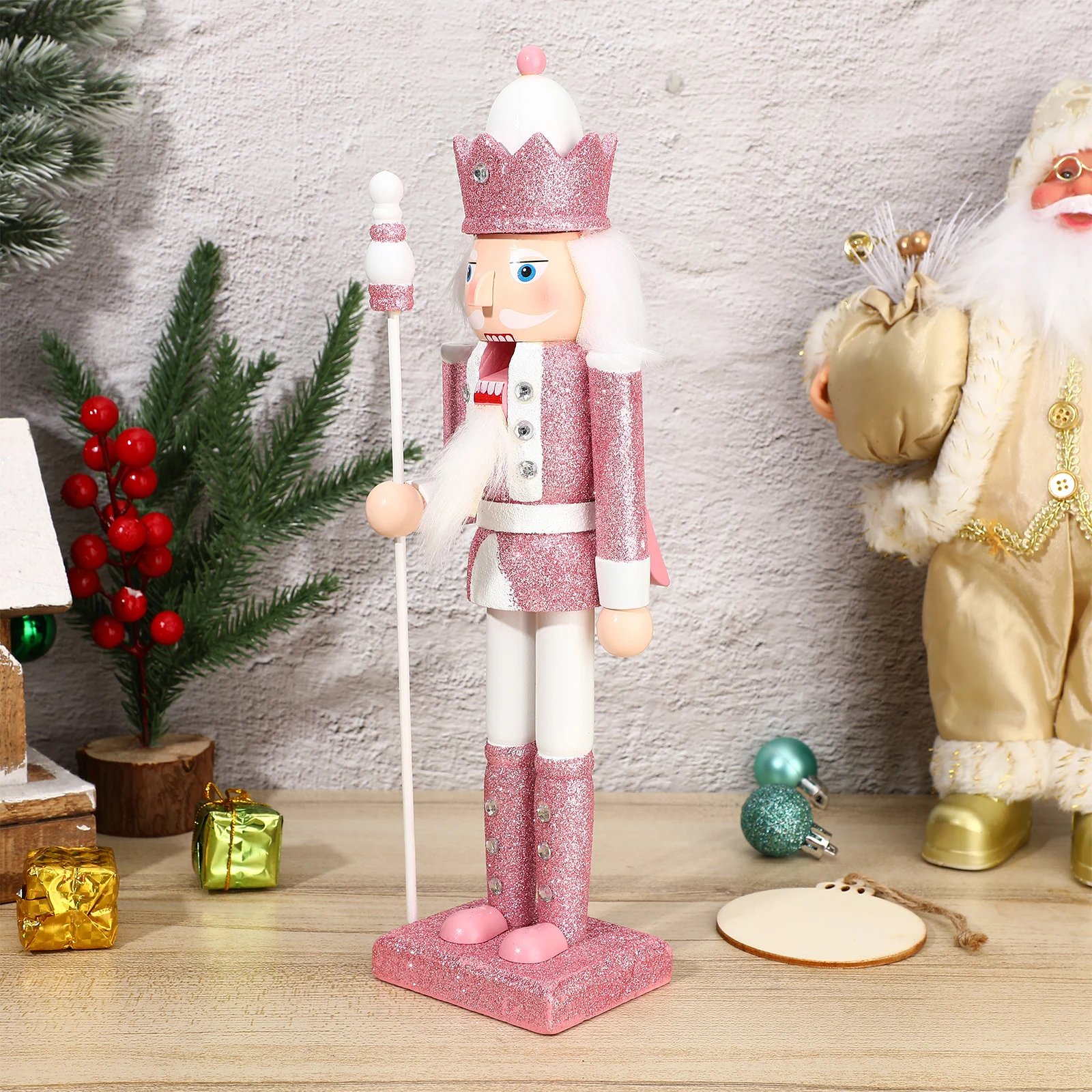 

Wooden Nutcracker Figure Pink Glitter Holiday Decor Christmas Soldier Classic Decoration Festive Home Office Dorm Decor