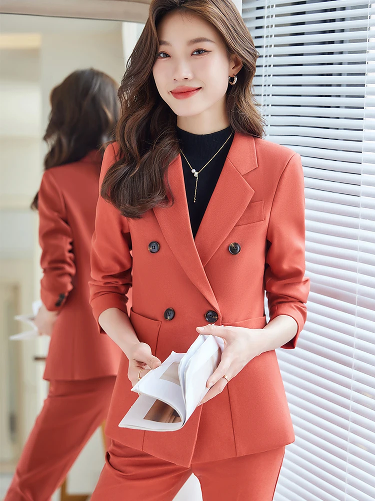 Imagem -05 - Blazer e Calça Feminina Jaqueta Formal de Negócios para Senhoras Conjunto de Duas Peças Roupa de Trabalho Feminina Vermelho Cáqui Preto e Marrom