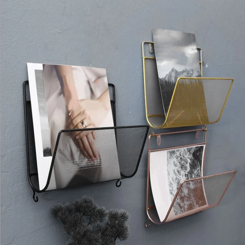 Iron Book Rack Metal Newspapers Rack Wall Mounted Bookshelf Wall Storage Shelves Office Simple Style