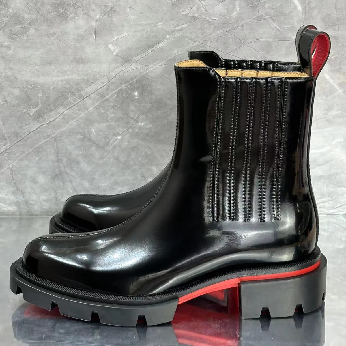 

Patent Leather Shiny Chelsea Boots Pointed Toe British Style Thick Heel Ankle Botines Slip-On High-Top Men Short Botas