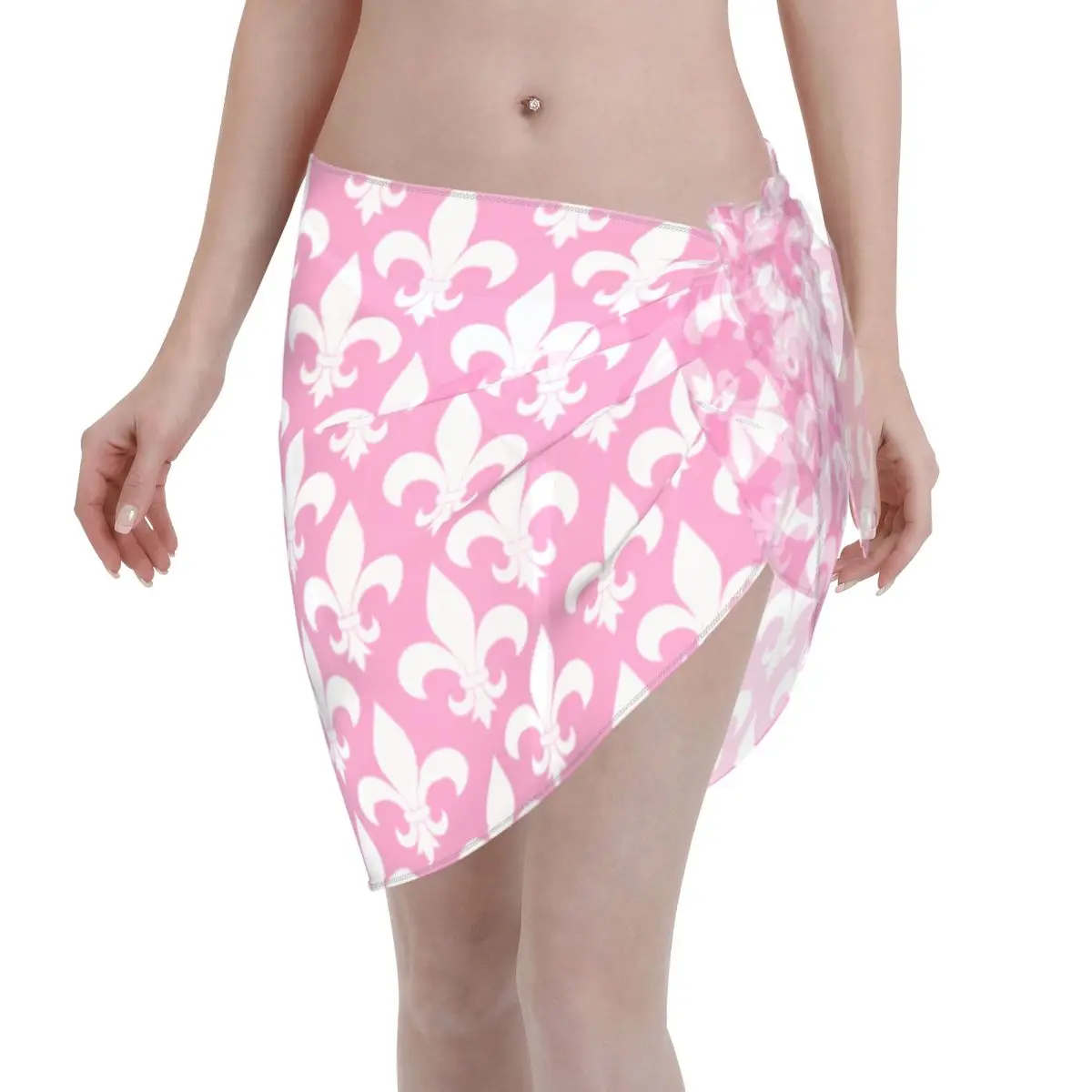 

Custom For Swimwear Pink Fleur-de-Lis Pattern Women Short Sarongs Beach Wrap Women Beach Bikini Wrap Sarongs Swimsuit Coverups