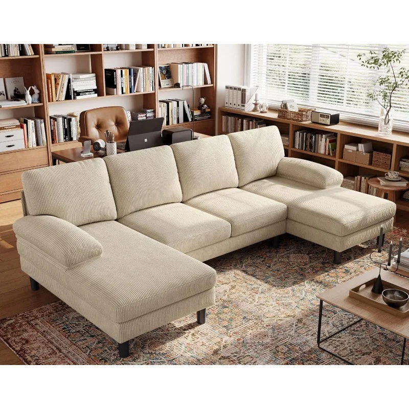 Convertible Sectional Couch, Corduroy U-Shaped Sofa Couch with Double Chaises and Sleepable Armrests, 4-Seat Deep Sofa