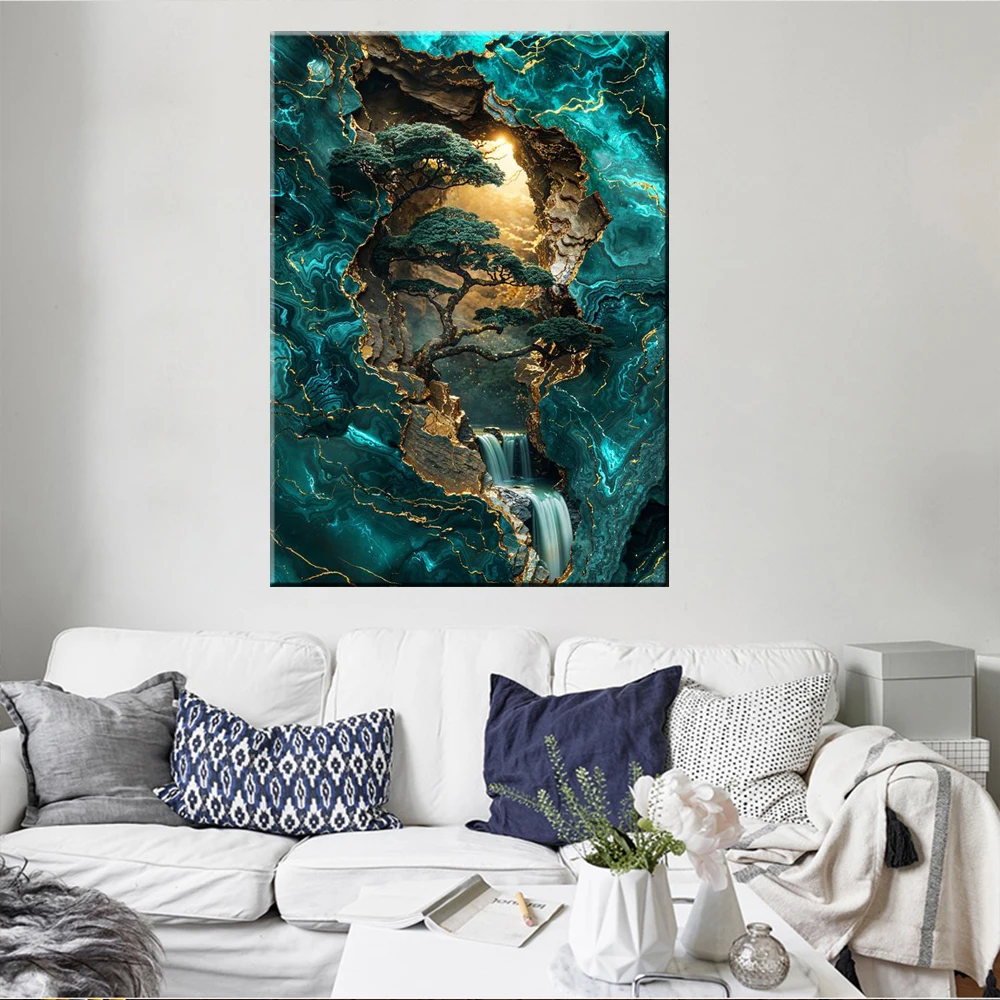 Home Decor Wall Arts Poster And Picture Painting Golden Bonsai Falls Art Waterfall Forest Nature Wallpaper Print Artwork