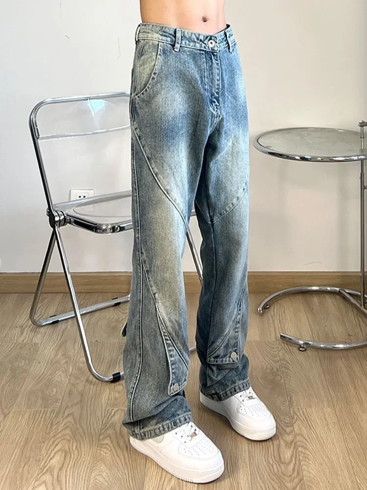 Male Cowboy Pants Light Blue Punk Trousers Bootcut Jeans for Men Flared Spliced Wide Leg Y 2k Vintage 2024 Fashion Korean Cheap