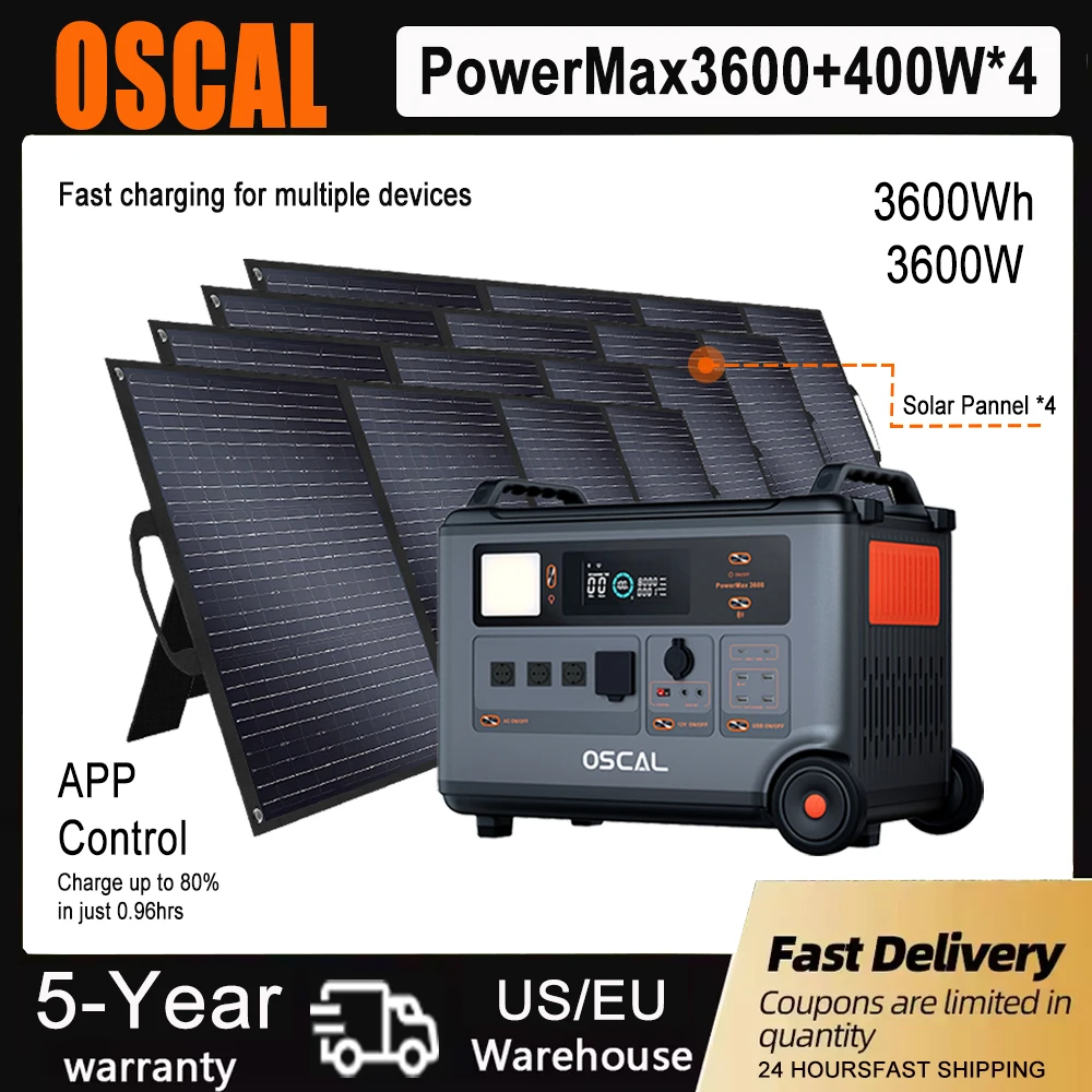 

OSCAL 3600Wh Power Station Pure Sine Wave Support Bluetooth Connection 3600W (Peak 7200W)With Solar Pannel 400W*4 For RV Outside