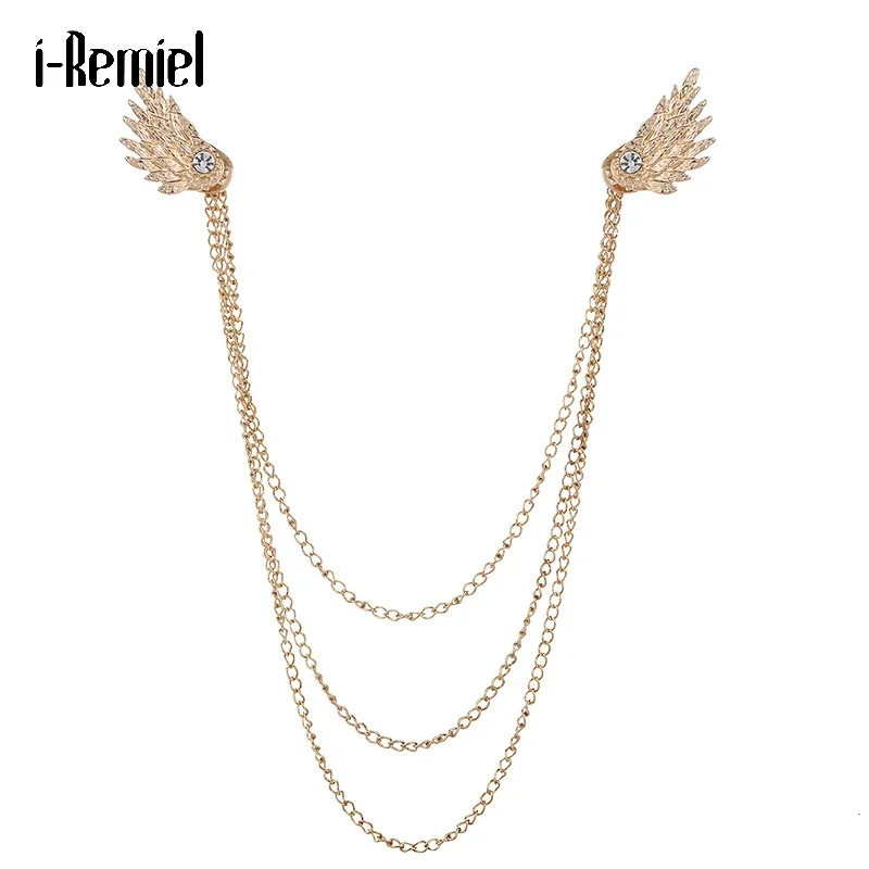 Vintage Fixed Wings Brooch Jewelry Luxury Tassel Chain Female Neckline Dress Shirt Collar Pin Decoration Men Women Accessories