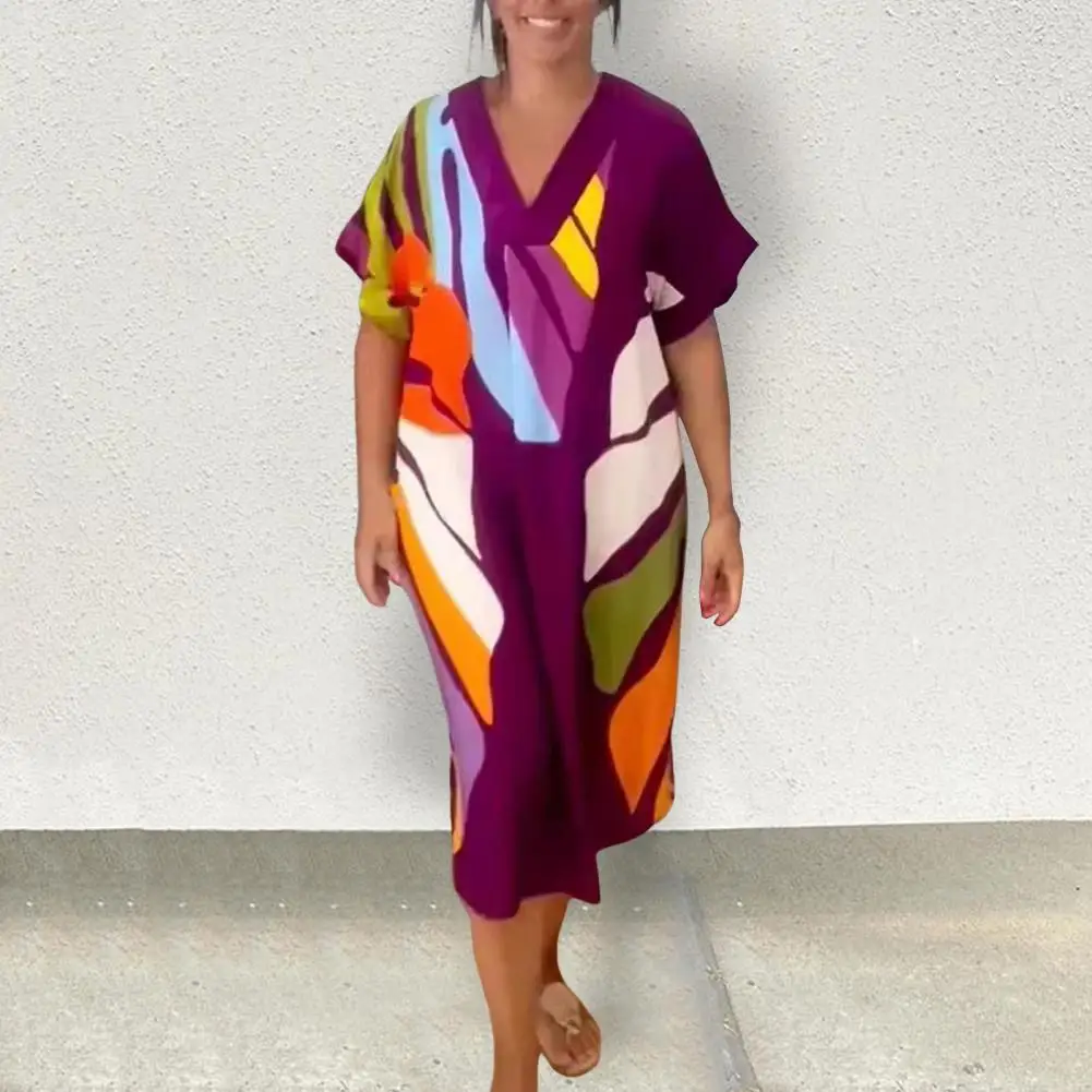 

Casual V-neck Dress Bohemian Style V Neck Midi Dress for Summer Vacation with Colorful Printing Loose Fit Women's Casual