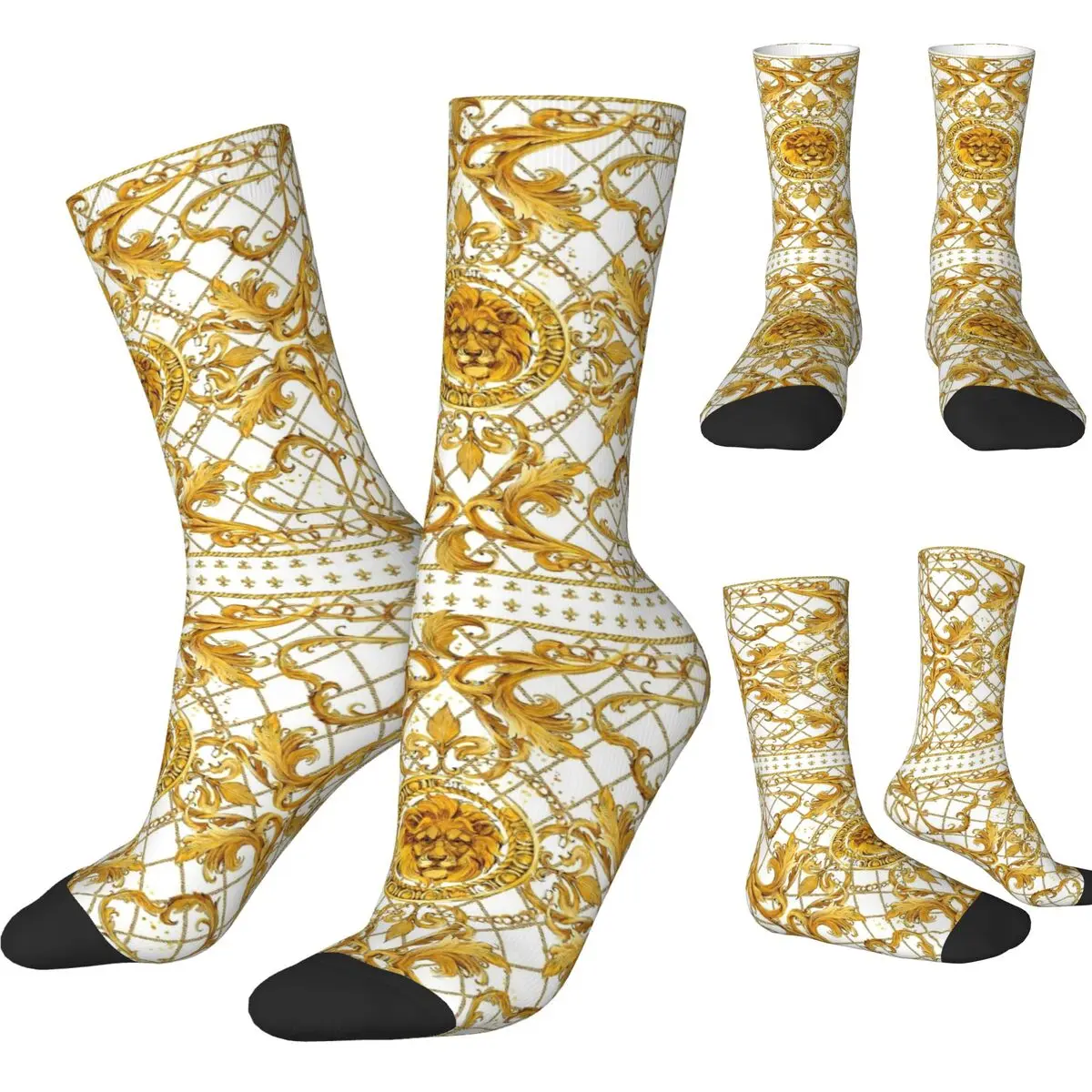 Hip-hop Golden Lion And Damask Basketball Socks Baroque Polyester Middle Tube Socks for Women Men Breathable