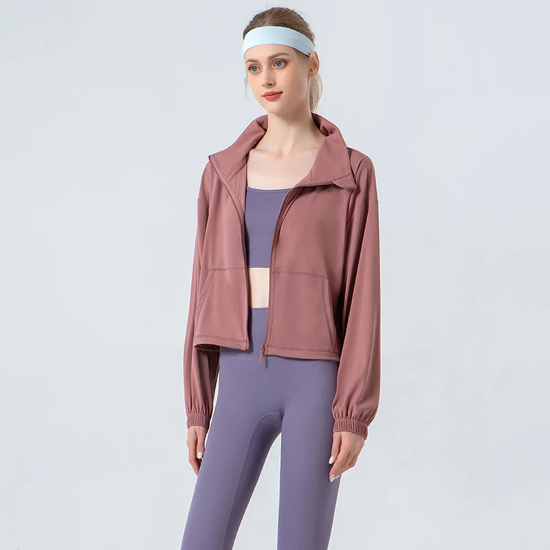 Lightweight Loose Training Zip Up Jacket Women Pocket Stand Collar Outdoor Running Sportswear Woman Drawstring Hem Cropped Coats