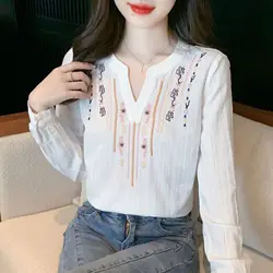 100% Cotton White pullovers shirt lady 2023 spring Autumn new Korean Loose and versatile Embroidery Long Sleeve Button Blouse