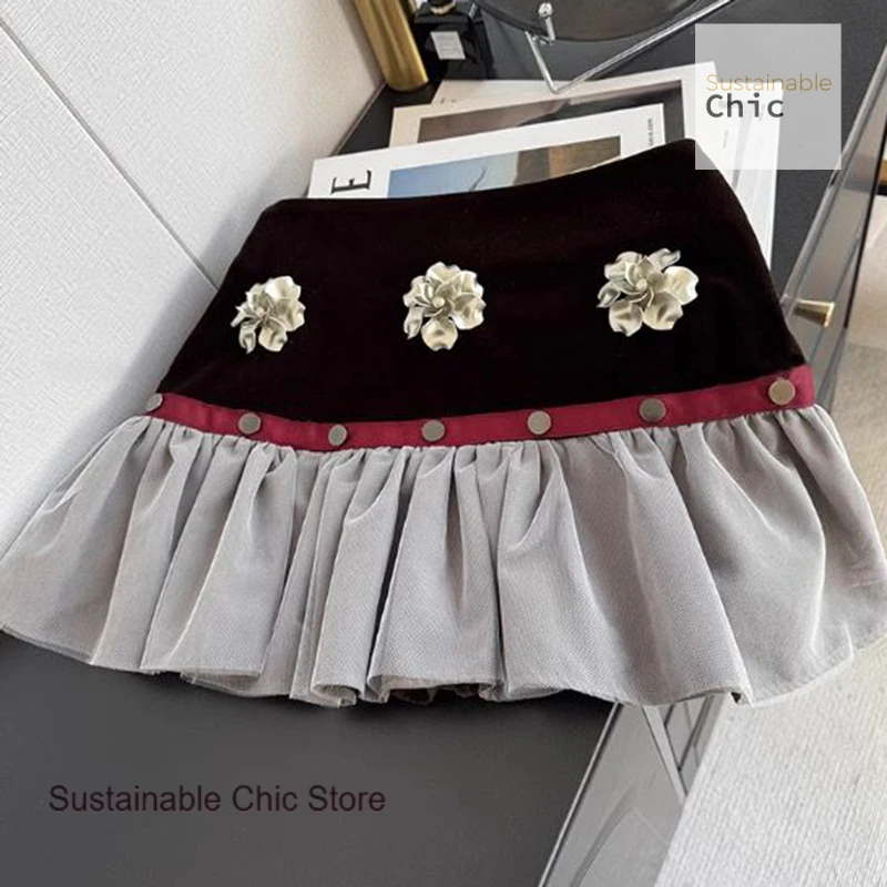 

Retro high-end velvet patchwork decorative flower pleated skirt for women's summer new French fashion versatile casual skirt