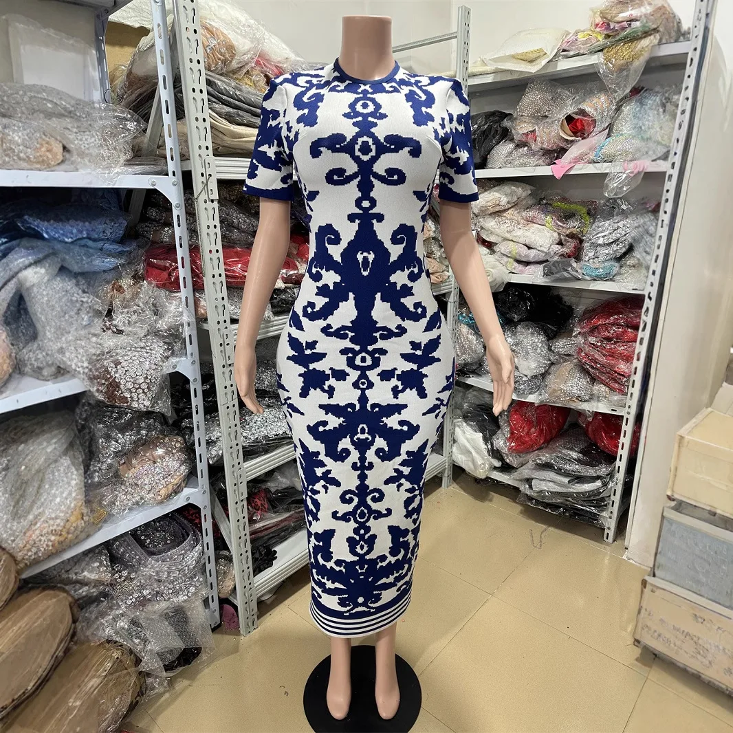 

Chic Women Daily Dress Elegant O Neck Short Sleeve Embroidery Ankle Length Bodyocn Bandage Dress High Street Evening Party Gowns