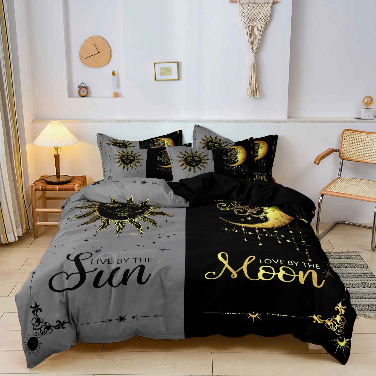 3Pcs Sun Moon Print Couple Duvet Cover Set, Grey Black Golden Sun Moon Star Celestial Printed Bedding, Multiple Sizes Available