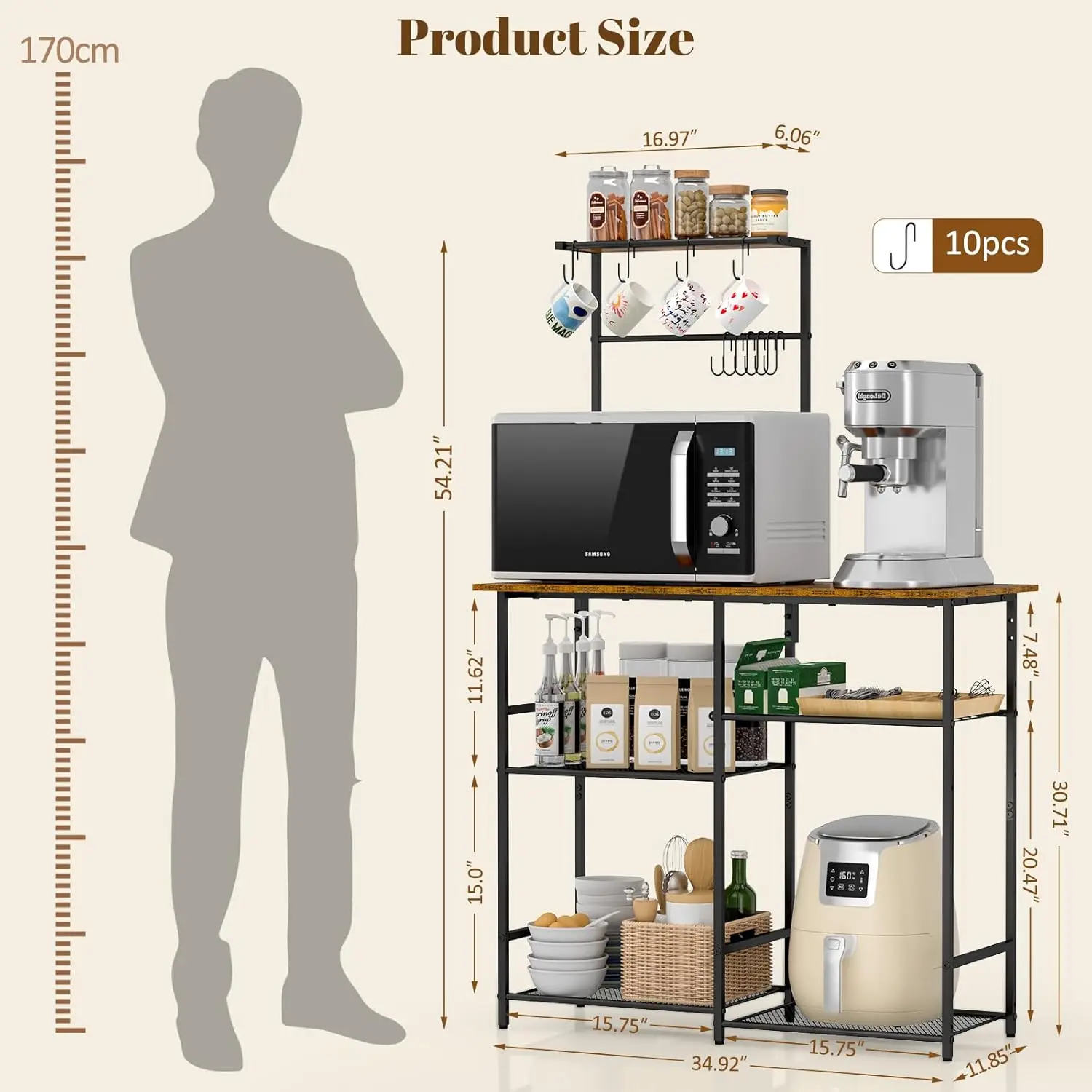 Rack for Kitchen with Storage, Microwave Stand with Adjustable Shelves, Kitchen Stand with 10 S Hooks, 6-Tier Coffee Bar Station