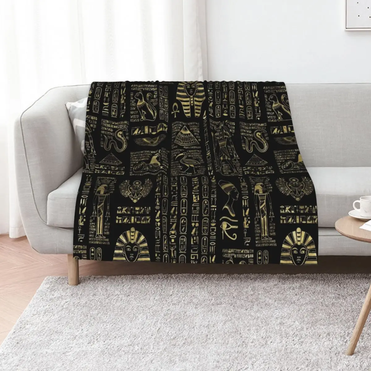 Egyptian hieroglyphs and deities gold on black Throw Blanket Heavy Hairy Bed covers Hair Beach Blankets