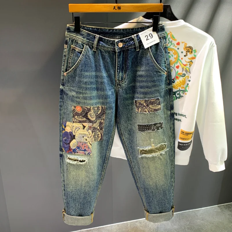 

High Street Trendy Brand Retro Distressed Loose Straight Jeans Men'S New Personalized Trendy Patch Long Casual Denim Pants