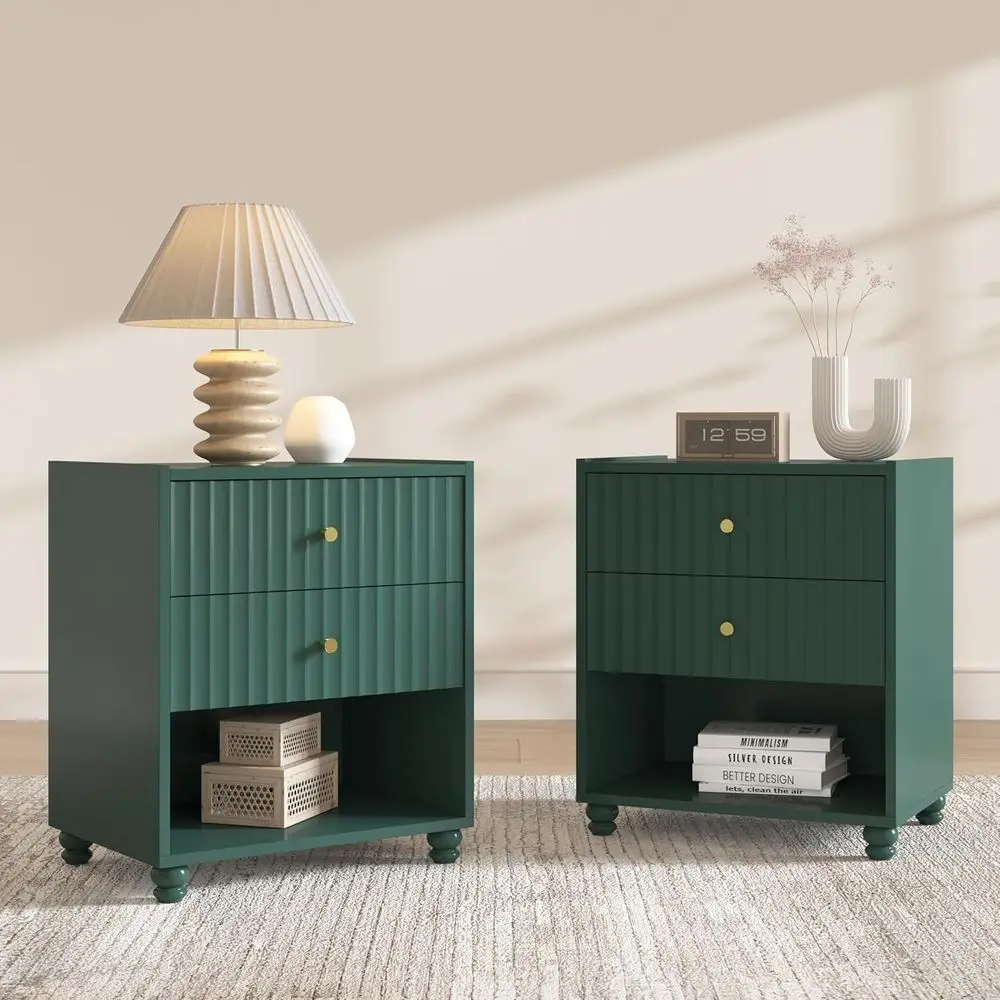 

Green 2-Piece Nightstand Set with Open Shelf and Drawers for Bedroom