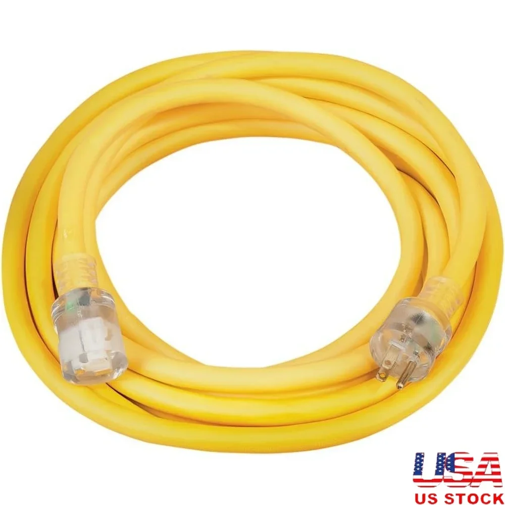 

Heavy Duty 10 Gauge 25ft Outdoor Extension Cord Lighted End 3 Conductor SJTW Yellow Power Cord Tools and Appliances