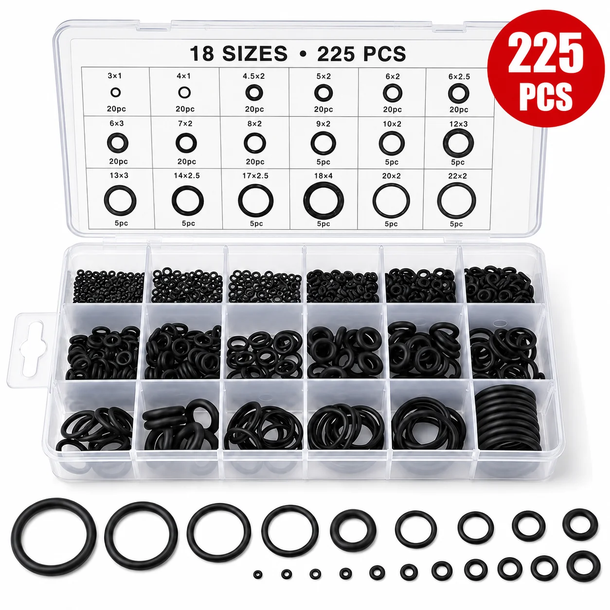 225PCS Rubber O Ring Oil Resistance O-Ring Washer Gasket Seals Watertightness Assortment Different Size With Plastic Box Kit Set