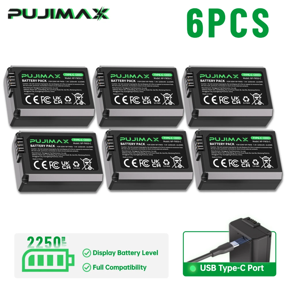 PUJIMAX 6Pcs 2250mah NP-FW50 NP FW50 Rechargeable Battery for Sony NEX-7 NEX-5R NEX-F3 NEX-3D Alpha a5000 a6000 Alpha 7 a7II