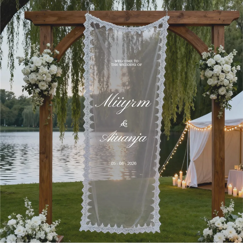 Customized Romantic Translucent Banners, Modern Outdoor Sheer Wedding Banners, Personalized Wedding Decorations, Engagement Party Signs, Handmade Lace Semi-Sheer Signs, Wedding Welcome Signs view 2