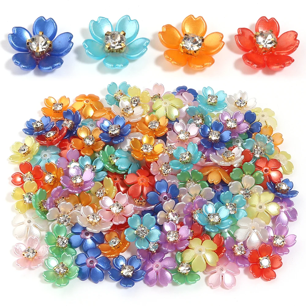 50pcs Colorful Acrylic Flowers Rhinestone Patch Decorative Beads Pearl Bauhinia Flower Base for Jewelry Making Clothing Headwear