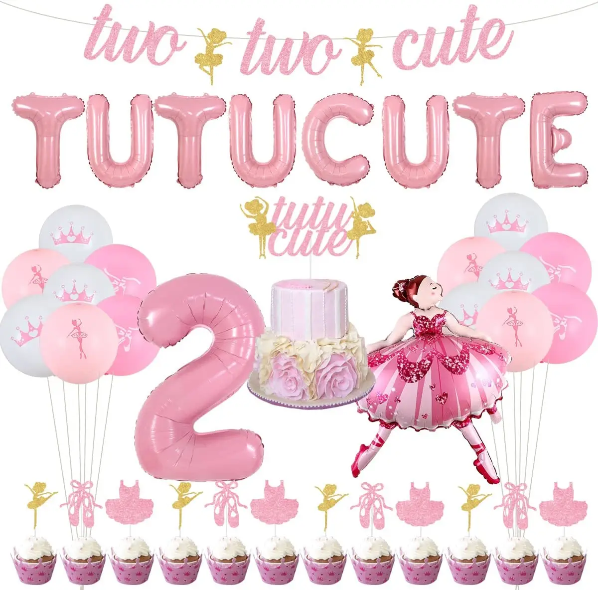 

Cheereveal Pink Ballerina 2nd Birthday Party Decoration for Girls Two Two Cute Banner Cake Toppers Ballet Girl Foil Balloon Kit