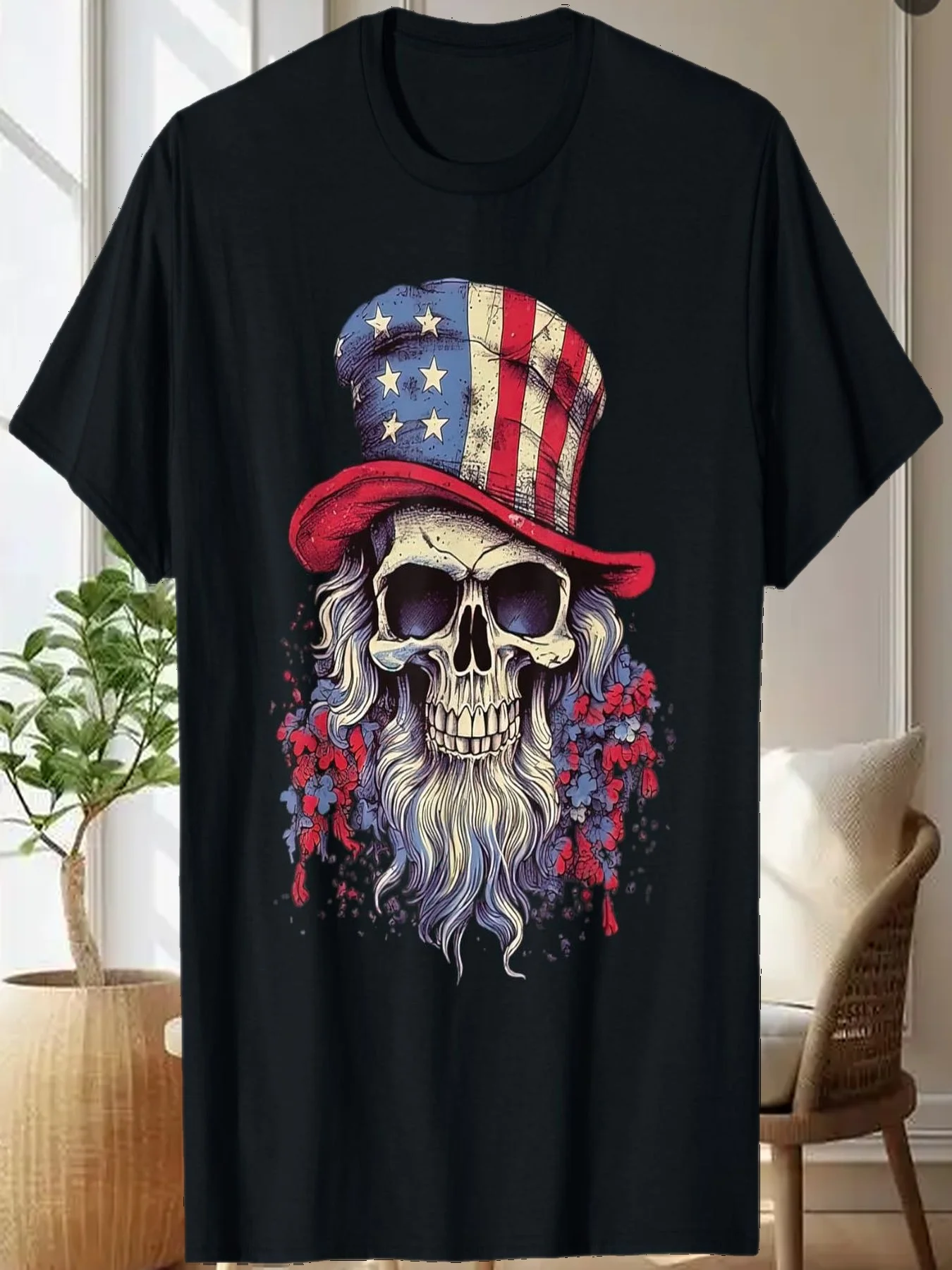 

Vintage Skull American Flag Hat 4th Of July Patriotic Men T-Shirt