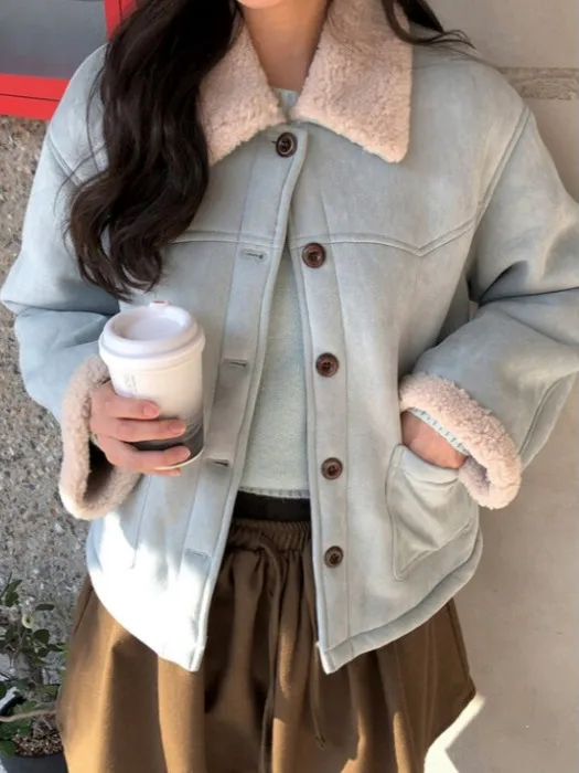 

Корейское женское замшевое пальто с воротником из овечьего меха, цельное пальто, теплая модная зимняя верхняя одежда прямого кроя, пе