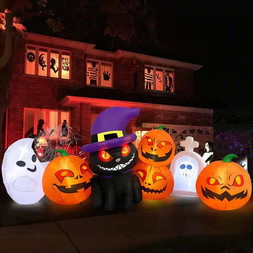 

Halloween Inflatables Outdoor Decorations - Blow Up Cat & Pumpkin Lanterns with Tombstone Ghost Halloween