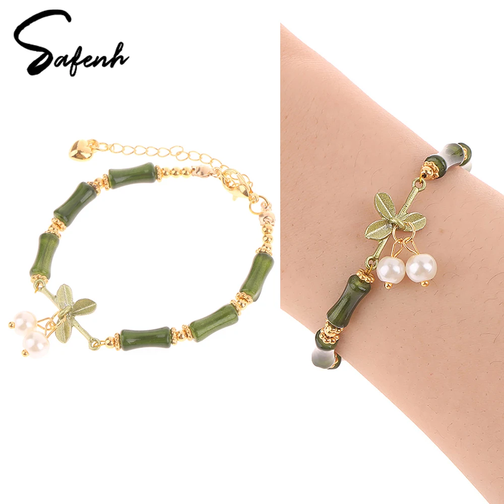 1Pcs Chinese Style Vintage Green Bamboo Joint Beaded Bracelet For Women's Fashion Simple Charm Flower Bracelet Jewelry Gift